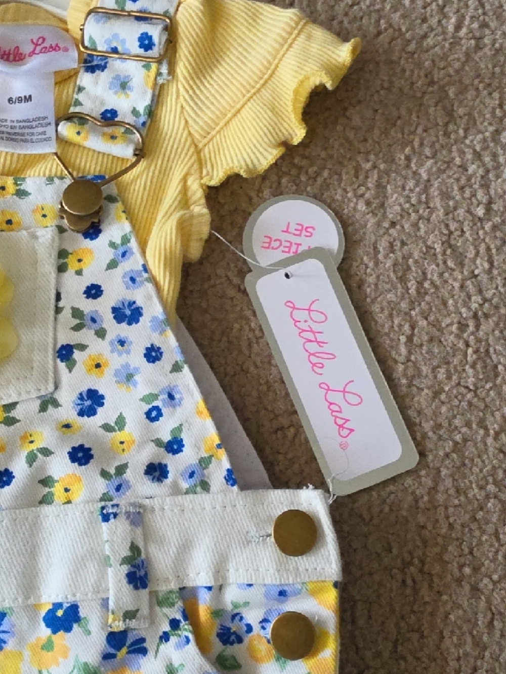 6/9 Mos Little Lass Yellow and Blue Floral Overalls 3 Pc Set NWT - Picture 3 of 5